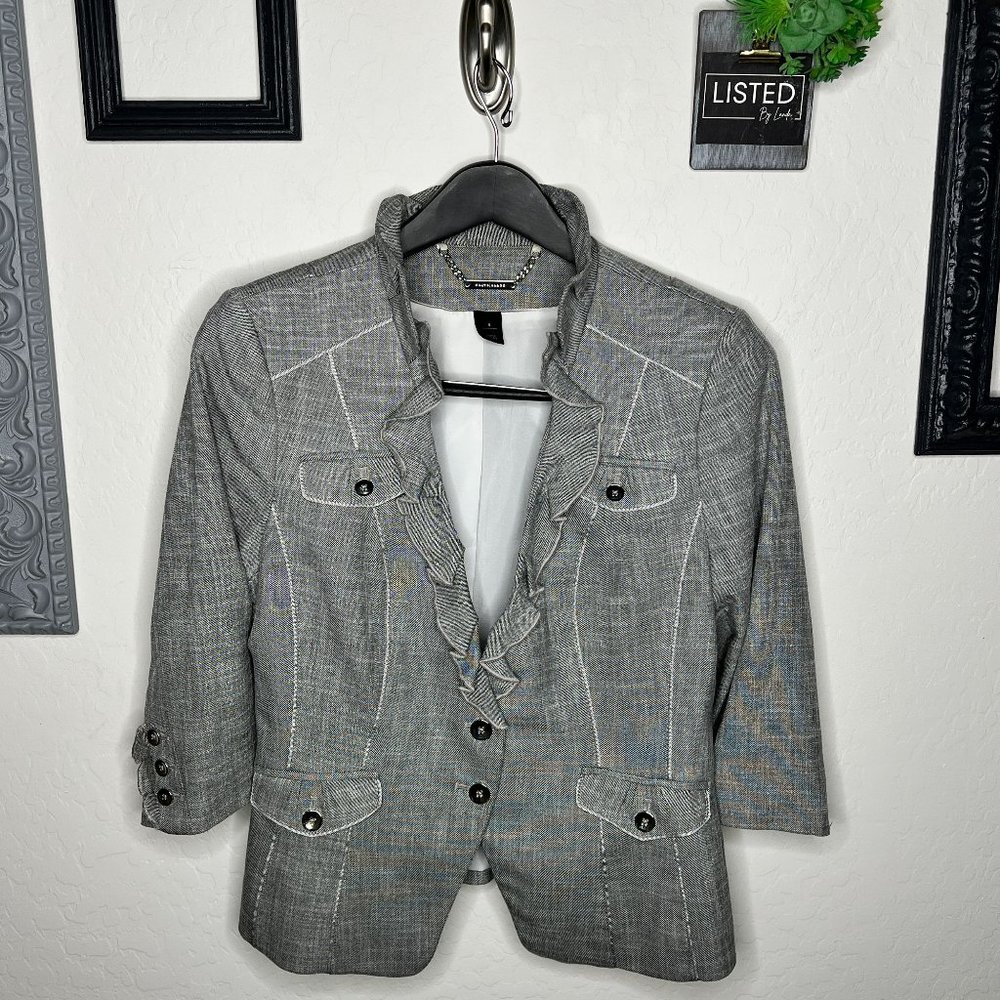 White House Black Market Ruffled Collar 3/4 Sleeve Heather Grey Blazer - Size 8